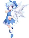  blue_eyes blue_hair bow cirno hair_bow hand_on_hip mary_janes shoes short_hair solo touhou wings wink yamano_sachi 