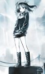  black_rock_shooter black_rock_shooter_(character) boots hair_ribbon hands_in_pockets highres monochrome pino_(birthdayparty) power_lines ribbon skirt solo standing sweater twintails 