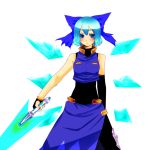  bad_id blue_eyes blue_hair bow cirno cosplay energy_sword fingerless_gloves gloves hair_bow nail_polish parody rockman rockman_zero short_hair solo sword touhou weapon wings yutazou zero_(rockman) zero_(rockman)_(cosplay) 