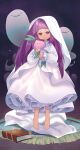  1girl artist_request barefoot cookie_run ghost long_hair onion_cookie purple_hair solo stuffed_toy 