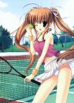  ball blush brown_hair green_eyes highres mitha racket skirt tennis tennis_ball tennis_net tennis_racket twintails wind_lift wink 