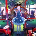  alice_in_wonderland backpack bag blonde_hair blue_eyes bow brown_hair bus bus_interior card cards cherry_blossoms coffee colorful cup dress floating_card hair_bow hat kneehighs long_hair mad_hatter motor_vehicle petals pocket_watch socks tea top_hat train train_interior tray vehicle watch white_rabbit zain 