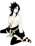  black_hair cleavage genderswap naruto no_bra open_clothes open_shirt shirt sideboob sitting stockings uchiha_sasuke 