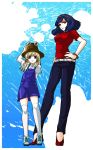  alternate_costume awa_toka bad_id belt blonde_hair blue_eyes blue_hair casual contemporary eyes hairband high_heels moriya_suwako multiple_girls pants red_eyes rope shoes short_hair thigh-highs thighhighs touhou yasaka_kanako 