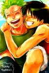  black_hair c2 green_hair grin happy hits hug laughing male monkey_d_luffy one_piece roronoa_zoro scar smile 