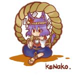  animal_ears cat_ears cat_tail cattail cattail_(plant) chibi gurageida lowres mirror plant purple_hair red_eyes rope sandals short_hair sitting solo tail touhou yasaka_kanako 