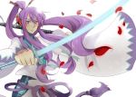  headphones kamui_gakupo long_hair male matsurizaki petals ponytail purple_hair simple_background sword vocaloid weapon 