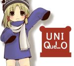  alternate_costume aoi_tobira bad_id blonde_hair brown_eyes contemporary hat moriya_suwako oversized_clothes scarf sleeves_past_wrists smile sweater touhou uniqlo 
