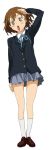  +_+ blush brown_hair hirasawa_yui k-on! kanojo_no_oukoku kneehighs legs mura_(kanojo_no_oukoku) ribbon salute school_uniform shoes skirt socks solo 