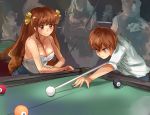  billiard_table blush breasts brother_and_sister brown_eyes brown_hair camisole cleavage cue_stick hair_ribbon long_hair original ribbon siblings smile suoni_(deeperocean) 