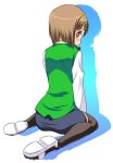  brown_hair cosplay from_behind gray_thighhighs hagiwara_yukiho headset idolmaster kneeling looking_back office_lady otonashi_kotori otonashi_kotori_(cosplay) rison short_hair sitting skirt solo thigh-highs thighhighs 