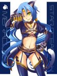  armor bad_id blue_hair breasts cat_ears cat_tail character_name claws cleavage cleavage_cutout collar detached_sleeves gauntlets green_eyes headband long_hair meracle_chamlotte midriff navel ochakai_shinya panties smile solo star_ocean star_ocean_the_last_hope tail thigh-highs thighhighs thong title_drop underwear very_long_hair wink 