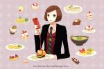  blazer braid brown_eyes brown_hair cake cream_puff dress_shirt english engrish food french_fries fruit hair_ornament hairclip hamburger holding ketchup macaron nail_polish necktie omelet original pastry ranguage shikanaka shirt short_hair strawberry striped sweater_vest text 