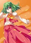 bad_id green_hair kazami_yuuka long_skirt petals red_eyes shiraki_kyousuke short_hair skirt skirt_set solo touhou vest wind wink