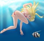  akemi_(artist) barefoot bikini blonde_hair blue_eyes breasts feet fish freediving lips original sideboob swimming swimsuit underwater 