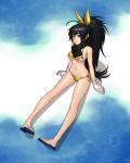  bare_shoulders bikini blue_eyes breasts cleavage feet ganaha_hibiki gloves hair_ribbon idolmaster legs long_hair midriff navel ponytail ribbon sandals scarf side-tie_bikini sitting solo swimsuit very_long_hair wata_do_chinkuru wata_domingez 