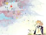  blonde_hair closed_eyes hair_ribbon hand_holding holding_hands kagamine_len kagamine_rin mig_(36th_underground) musical_note necktie ribbon sailor_collar short_hair siblings singing twins vocaloid 
