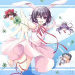  ;d asami_asami barefoot bunny_ears chibi clover dress foreshortening four-leaf_clover hakurei_reimu hands inaba_tewi kirisame_marisa leg_ribbon open_mouth outstretched_arms outstretched_hand rabbit_ears reisen_udongein_inaba ribbon smile spread_arms touhou wink 