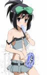  blush fan flat_chest hair_ribbon kunihiro_hajime midriff miniskirt no_bra partially_colored popsicle ribbon saki skirt strap_slip youkan 