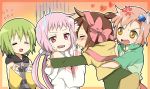  4girls angry bad_id blush brown_hair green_hair hug kiss kl-chan maruki_(punchiki) mono_(character) multiple_girls original pink_hair punchiki_(character) sleeves_pushed_up sweatdrop tooi-chan 
