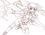  1girl armor belt cape fang gao_(naodayo) gloves hair_ribbon long_hair mahou_shoujo_lyrical_nanoha_innocent material-l monochrome open_mouth ribbon sketch solo thigh-highs twintails vulnificus 