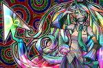  \m/ colorful crazy_eyes detached_sleeves drugs grin hatsune_miku headphones headset long_hair multicolored_eyes multicolored_hair necktie ninomae psychedelic smile trippy_background twintails very_long_hair vocaloid 