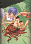  ayanami_rei bed blue_eyes blue_hair highres lingerie long_hair lying multiple_girls neon_genesis_evangelion red_eyes red_hair redhead scan short_hair souryuu_asuka_langley underwear 