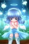 angel blue_hair cherubs child dress flower frown hairband halo headband heart hitana hug loli long_hair night sad shinhighs sky socks tenshi valentine 