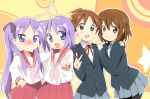  4girls bad_id blush brown_hair crossover hiiragi_kagami hiiragi_tsukasa hirasawa_ui hirasawa_yui k-on! long_hair lucky_star maruki_(punchiki) multiple_girls pantyhose purple_hair school_uniform short_hair siblings sisters skirt twins v 