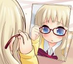  blonde_hair blue_eyes blush bowtie glasses koiwai_flora long_hair mirror mizu_asato nanatsuiro_drops ribbon school_uniform 