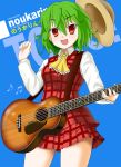  anamira ascot cover green_hair guitar hat instrument k-on! kazami_yuuka musical_note parody plaid plaid_skirt plaid_vest red_eyes short_hair skirt skirt_set solo straw_hat touhou 