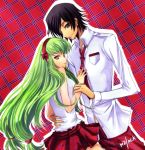  1girl c.c. cc code_geass couple green_hair headband holding lelouch_lamperouge long_hair meimi necktie ribbon skirt 