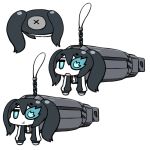  black_hair black_rock_shooter black_rock_shooter_(character) blue_eyes cellphone_strap chan_co chibi glowing glowing_eyes jacket keychain pale_skin solo twintails uneven_twintails weapon zipper 