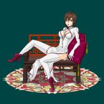  brown_eyes brown_hair cleavage dress elbow_gloves gloves high_heels kotokoto meiko pillow shoes short_hair sitting solo thigh-highs thighhighs vocaloid 