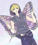  bad_id blonde_hair bringing_the_rain_(vocaloid) butterfly_wings casual green_eyes hands kagamine_len male promotions short_hair snow solo suji^@^ vocaloid wings 