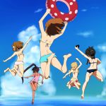  akiyama_mio ball barefoot beachball bikini er_(artist) from_behind hirasawa_yui innertube jumping k-on! kotobuki_tsumugi legs midair multiple_girls nakano_azusa sky swimsuit tainaka_ritsu tan 