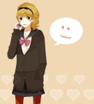  1girl blonde_hair bow brown_eyes cardigan cellphone earrings hairband heart jewelry nail_polish necklace pantyhose phone pleated_skirt ribbon school_uniform shikanaka skirt smile talking_on_phone 