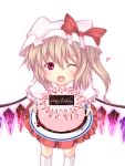  blonde_hair blood cake fang flandre_scarlet food happy_birthday hat heart highres kiyomin pastry ponytail red_eyes short_hair side_ponytail skin_fang solo touhou wings wink 