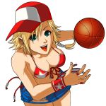  bare_shoulders basketball bikini_top blonde_hair braid breasts cap cleavage front-tie_top green_eyes hat large_breasts smile snk 