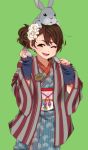  1girl brown_hair bunny fang japanese_clothes kimono rabbit short_hair simple_background takanashi_ringo wink 