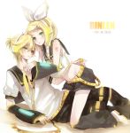  girl_on_top green_eyes hair_ornament hair_ribbon hairclip headphones kagamine_len kagamine_rin necktie ribbon sailor_collar shell_(pixiv) short_hair shorts siblings twins vocaloid 