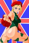  bad_id bare_shoulders beret blonde_hair blue_eyes blush braid breasts cammy_white capcom clenched_hands erect_nipples fingerless_gloves fist flag gloves hat legs leotard lips lipstick long_hair looking_back makani_kohitujito scar street_fighter thighs twin_braids uk union_jack united_kingdom 