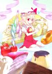  cake cherry chocolate doughnut eating flandre_scarlet food food_on_face fruit hat in_food minigirl pastry pudding red_eyes short_hair sitting solo thigh-highs thighhighs touhou usotsukiya wings 