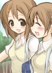  brown_eyes brown_hair closed_eyes garyou hirasawa_ui hirasawa_yui k-on! multiple_girls school_uniform short_hair siblings sisters 