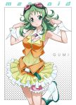  armpits bare_shoulders blush boots breasts cleavage dress frills goggles green_eyes green_hair gumi headphones headset long_hair messy_hair nakahira_guy navel polka_dot skirt solo standing_on_one_leg thigh_band thigh_strap vocaloid wing_collar wrist_cuffs 