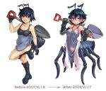  ant antenna before_after blue_eyes blush boots insect_girl kenkou_kurosu mamono_girl_lover monster_girl pointy_ears short_hair shovel simple_background smile sweat 