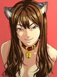  bare_shoulders bell bell_collar breasts brown_eyes brown_hair cat_bell cat_bells cat_ears cleavage close-up collar grin hair_over_breasts inuyasiki69 jingle_bell long_hair nude simple_background smile wankoro_mochi 