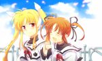  blonde_hair blush brown_hair closed_eyes fate_testarossa hair_ribbon long_hair mahou_shoujo_lyrical_nanoha mahou_shoujo_lyrical_nanoha_a&#039;s mahou_shoujo_lyrical_nanoha_a's multiple_girls ribbon school_uniform sky smile takamachi_nanoha takana twintails 