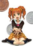  blunt_bangs brown_hair coin colored_eyelashes eyelashes green_eyes idolmaster jon_taira outstretched_arms outstretched_hand payot poverty school_uniform sitting skirt solo takatsuki_yayoi twintails wariza yen 
