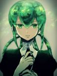  androgynous bangs black_nails black_necktie canarinu character_name closed_mouth eyebrows eyebrows_visible_through_hair green_eyes green_hair hair_between_eyes hair_rings houseki_no_kuni jade_(houseki_no_kuni) long_hair looking_at_viewer nail_polish necktie simple_background solo sparkle uniform upper_body 